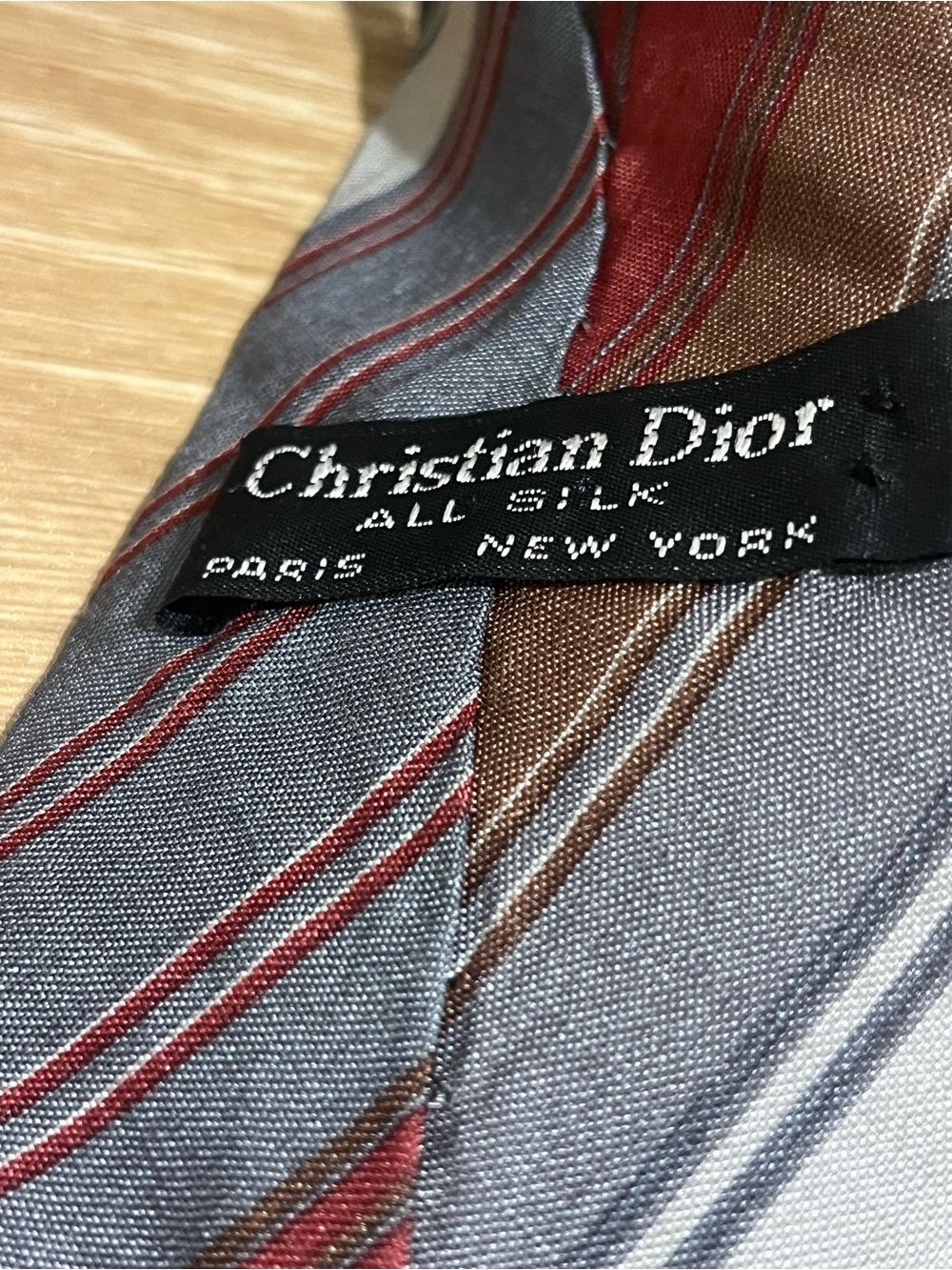 Christian Dior Silk Striped Tie in Gray and Burgandy